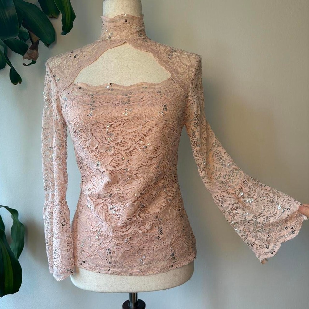 Venus Pink Lace Sequin Fairycore Mock Neck Bell Sleeve Top Size 4 Small - Picture 2 of 7
